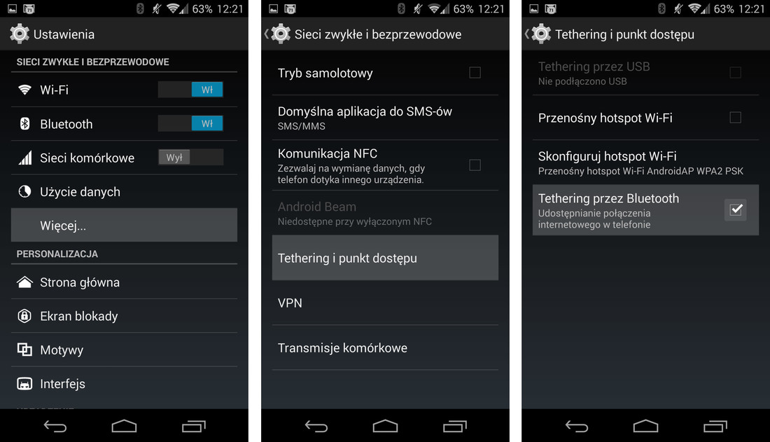 Włączanie tetheringu przez Bluetooth w Androidzie