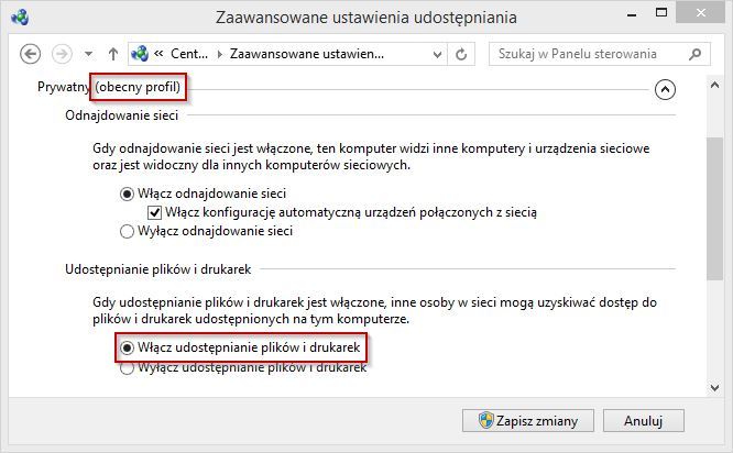 Opcja udostępniania plików i drukarek