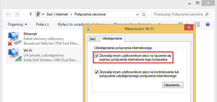 Udostępnianie połączenia internetowego z Wi-Fi