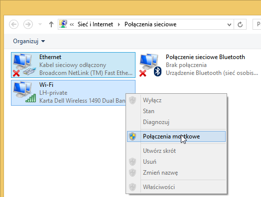 Tworzenie mostka sieciowego w Windows 8