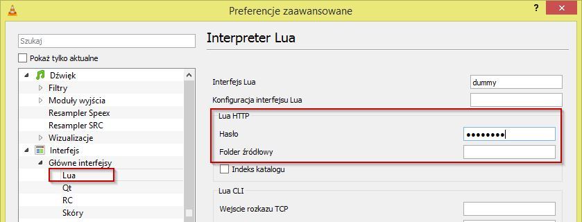 Opcje interfejsu Lua w VLC