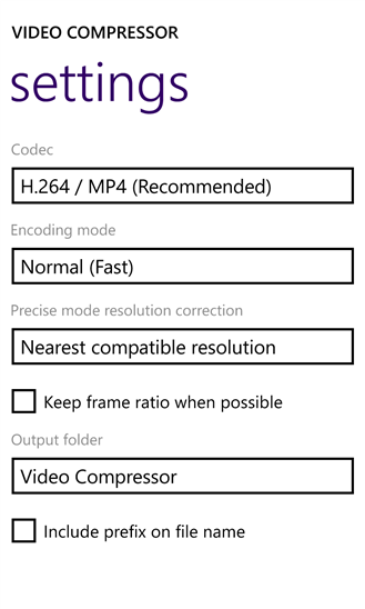 Ustawienia Video Compressora