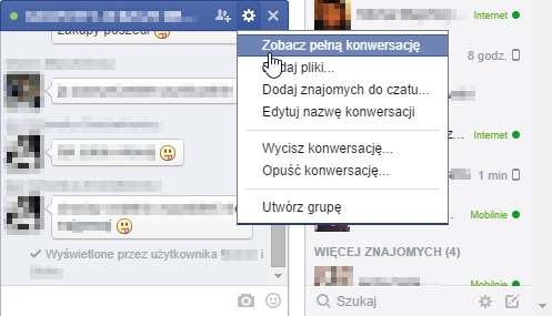 Przełączanie widoku pełnej konwersacji na Facebooku