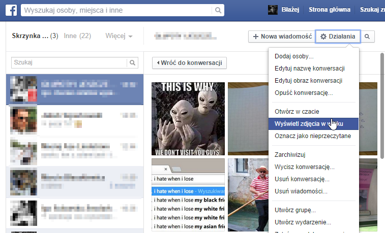 Przeglądanie listy zdjęć z danej konwersacji na Facebooku