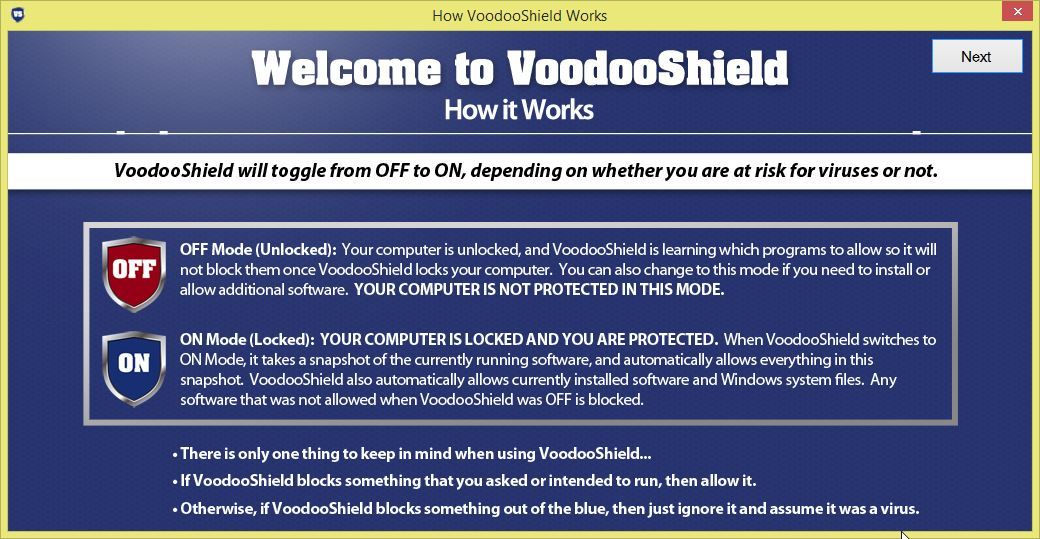 VoodooShield - tryby OFF i ON