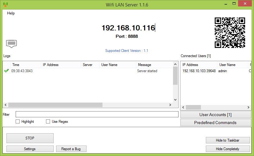 Wifi LAN Server - główne okno programu