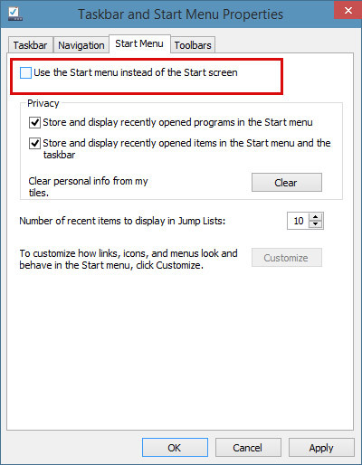 Wyłączenie menu Start i włączenie ekranu startowego