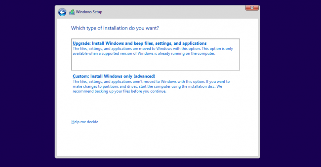 Wybór rodzaju instalacji - aktualizacja lub instalacja niestandardowa w Windows 10