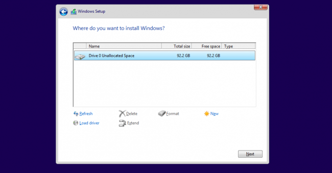 Wybór dysku do instalacji Windows 10 Technical Preview