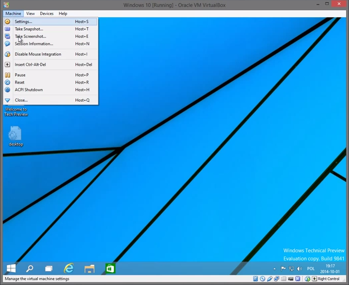 Windows 10 tuż po instalacji na VirtualBox