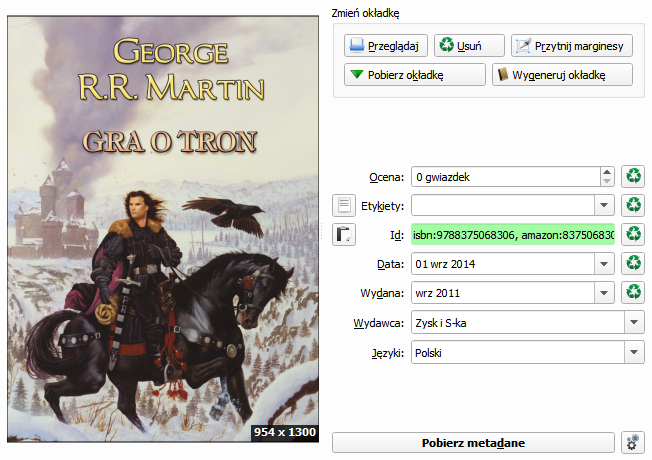 Okno edycji metadanych książki w Calibre