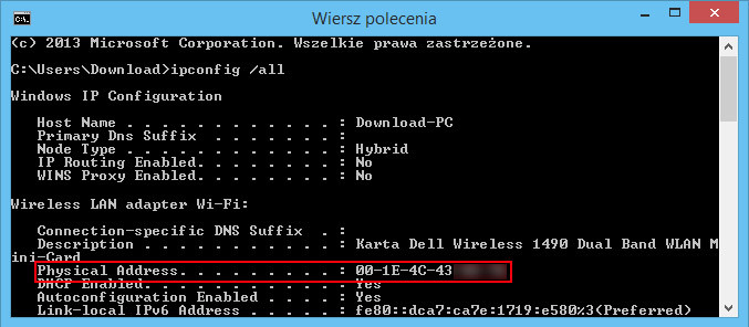 Wyszukiwanie adresu MAC karty sieciowej