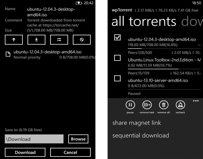 Dodawanie torrenta i list aktywnych zadań w wpTorrent