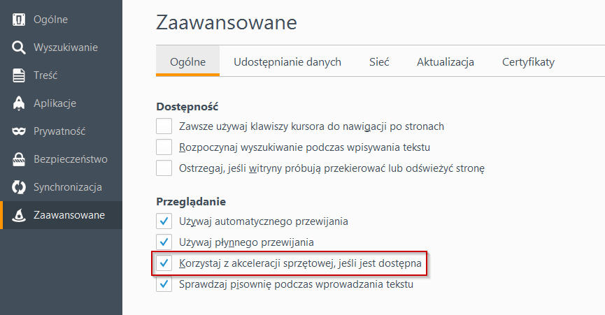 Firefox - wyłączanie akceleracji sprzętowej