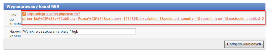 Wygenerowany adres kanału RSS