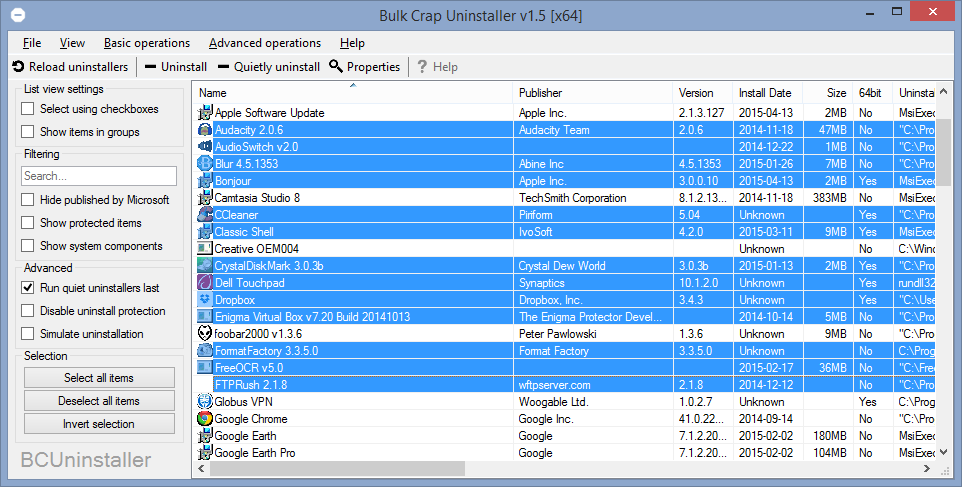 Wybór programów do odinstalowania w Bulk Crap Uninstaller