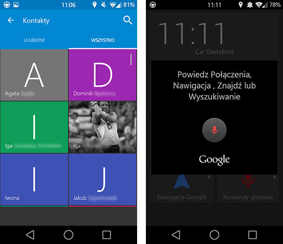 Kontakty i komendy głosowe w Car Dashdroid