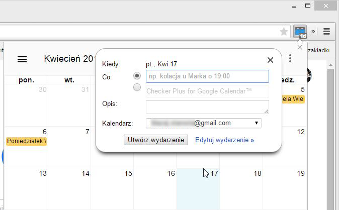 Dodawanie wydarzeń do Kalendarza przez Chrome