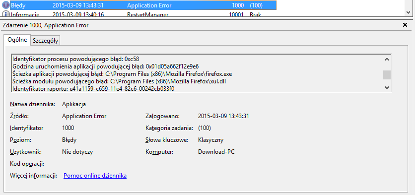 Szczegóły błędu w dzienniku zdarzeń