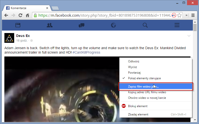 Zapisywanie filmu na dysk w Facebooku