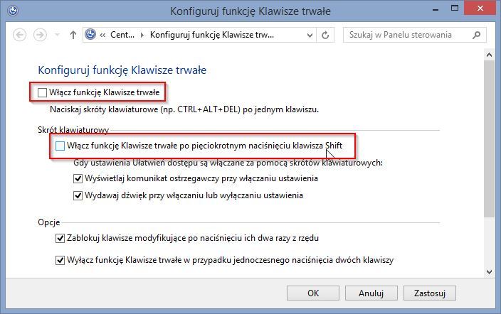 Opcje klawiszy trwałych w Windowsie 8