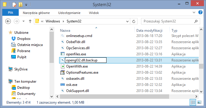 Tworzenie kopii zapasowej pliku opengl32.dll