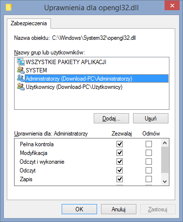 Ustawienie pełnej kontroli nad plikiem opengl32.dll