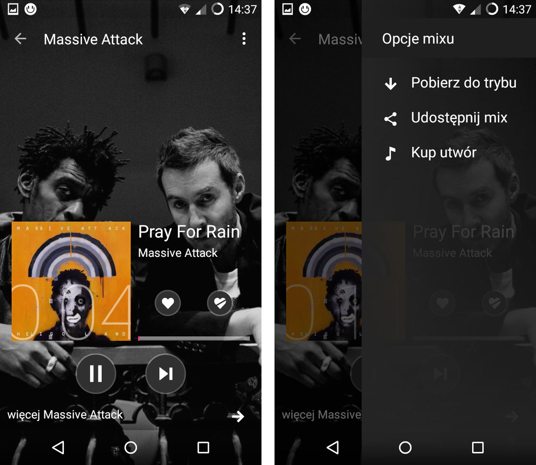 Ekran odtwarzania i opcje mixu w MixRadio