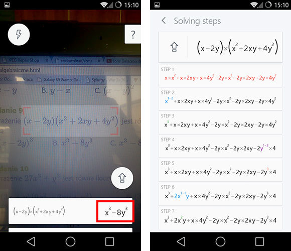Skanowanie zadania z matematyki w PhotoMath