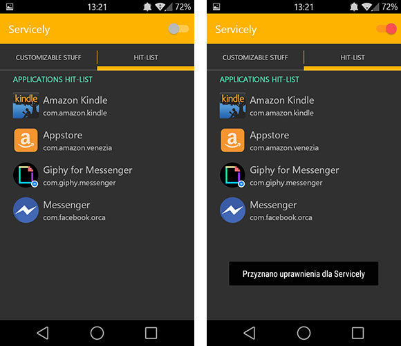 Servicely - aktywacja aplikacji w zakładce Hit-List