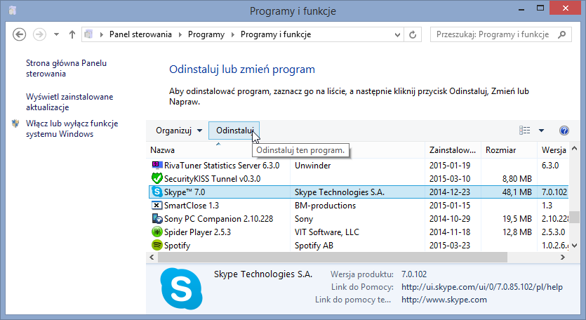 Usuwanie Skype 7