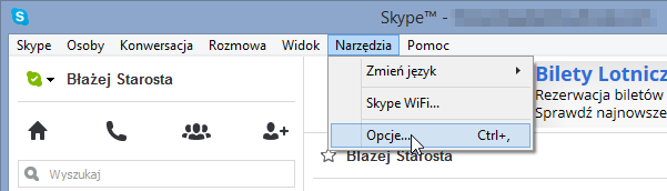 Przejście do opcji Skype
