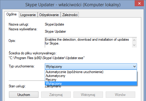 Wyłączanie usługi Skype Updater