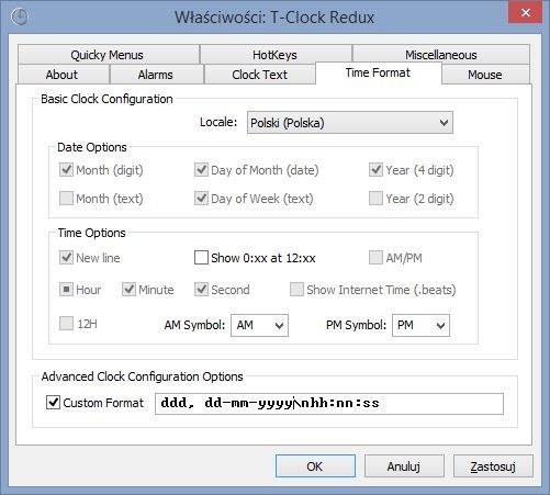 T-Clock Redux - ustawienia formatu daty i czasu