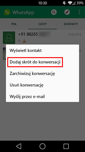 Whatsapp - dodawanie skrótu do konwersacji