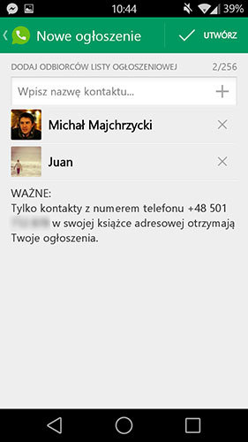 Tworzenie listy osób do ogłoszenia w Whatsapp