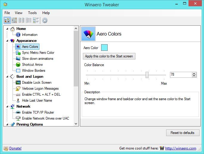 WinAero Tweaker - ustawienia kolorów Aero