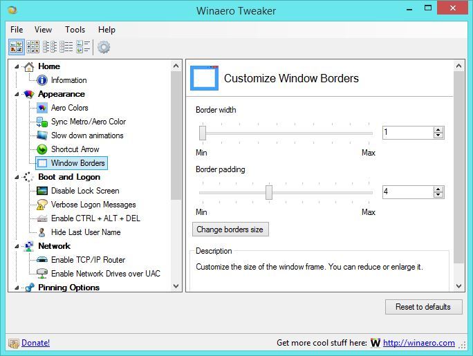 Winaero Tweaker - opcje ramki okna