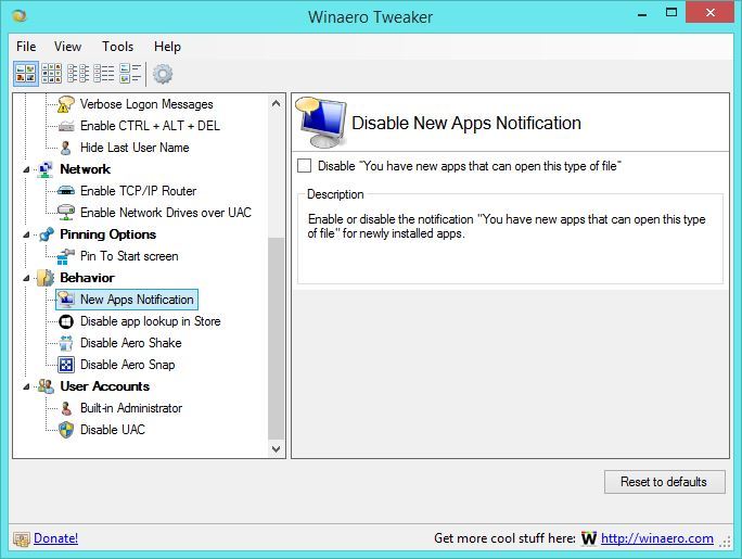 Winaero Tweaker - wyłączanie powiadomień o nowych programach