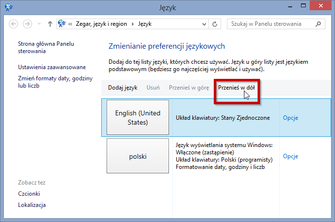 Ustawienia językowe w Windows 8.1