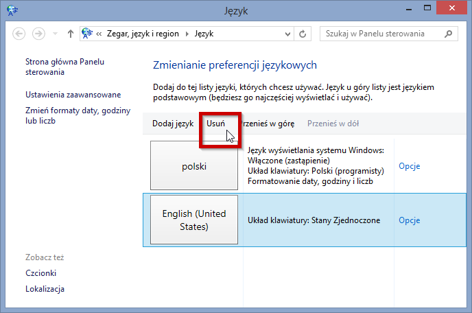 Usuwanie języka angielskiego w Windows 8