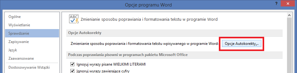 Opcje sprawdzania pisowni w Word 2013