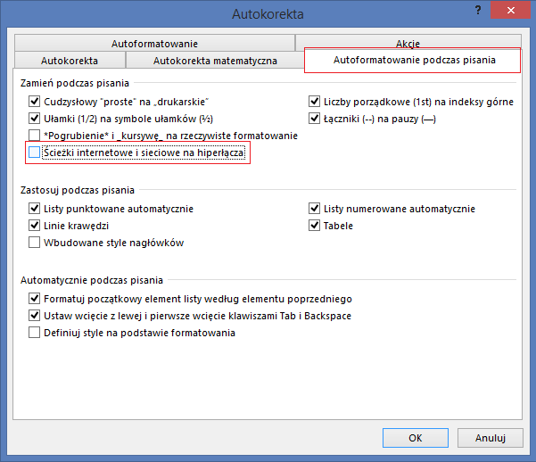 Wyłączanie hiperłączy w Wordzie 2013