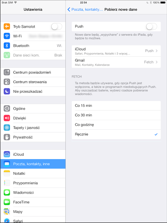 Ustawienia poczty, kontaktów i innych danych