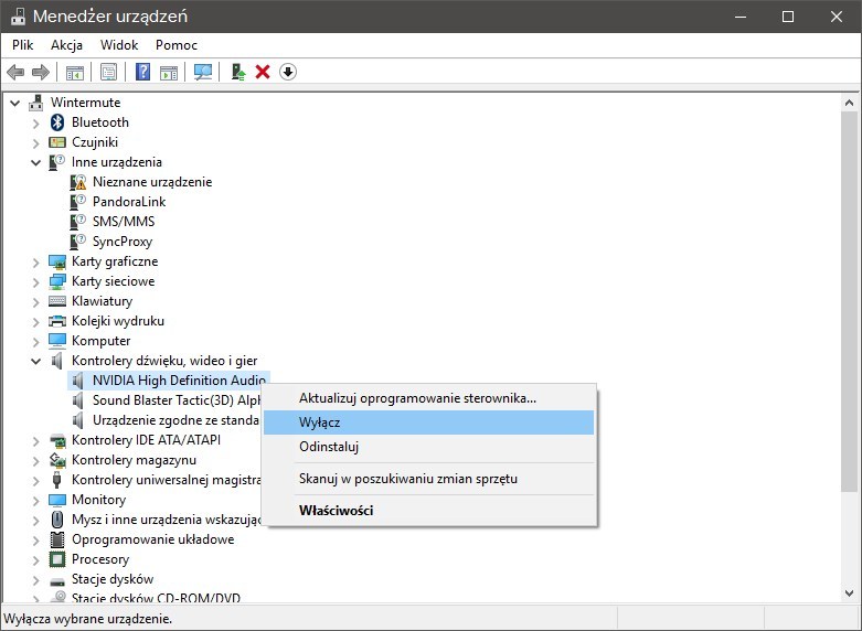 Wyłączanie sterownika NVIDIA High Definition Audio