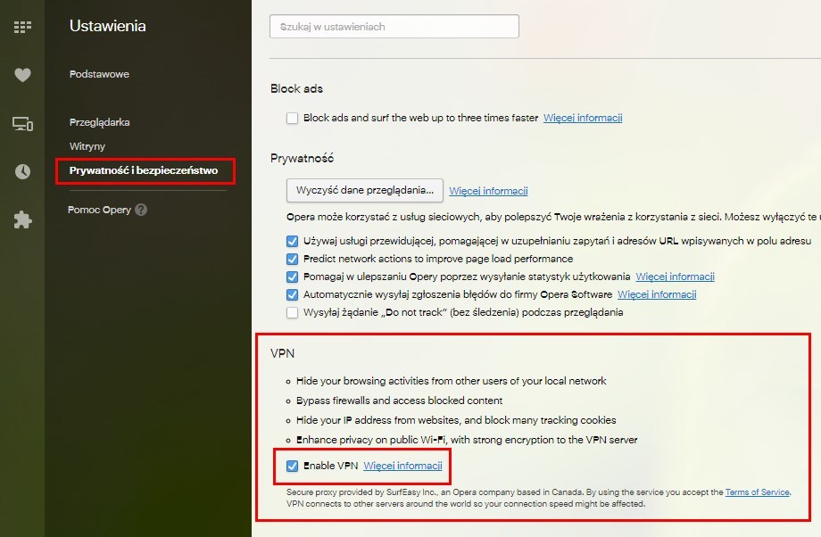 Opera - włączanie VPN