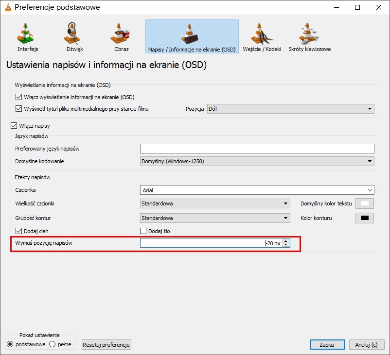 Preferencje podstawowe - VLC