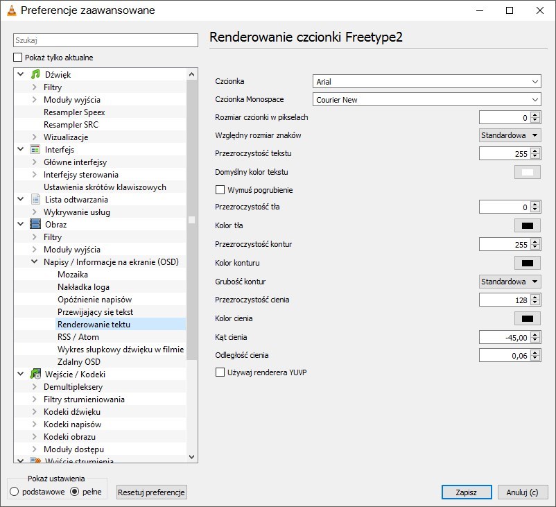 Renderowanie tekstu - ustawienia w VLC