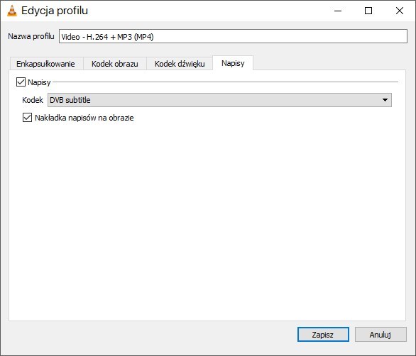 Edycja profilu konwersji w VLC