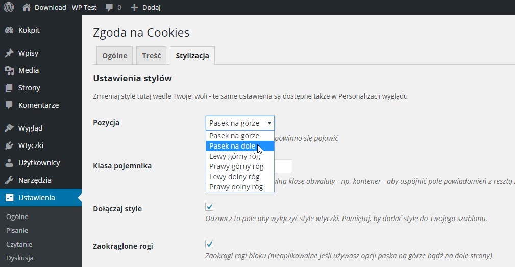 Ustawienia wyglądu paska cookies